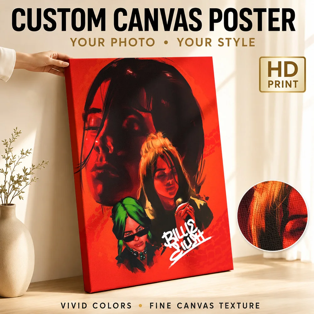 Billie Eilish Portrait Framed Canvas Poster Personalized Photo Modern Graphic Composition Wall Art For Home Listening Lounge
