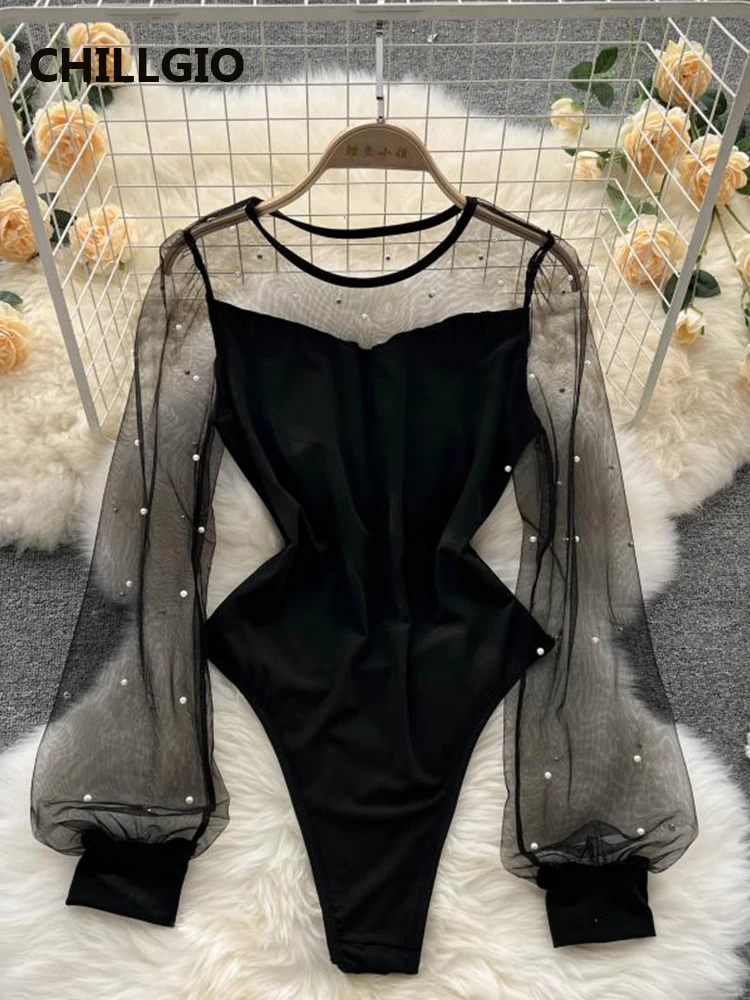 

CHILLGIO Women Beaded Mesh Rompers Sheer Fashion Long Puff Sleeves Party Combination Catsuits O Neck One Piece Pearl Bodysuits