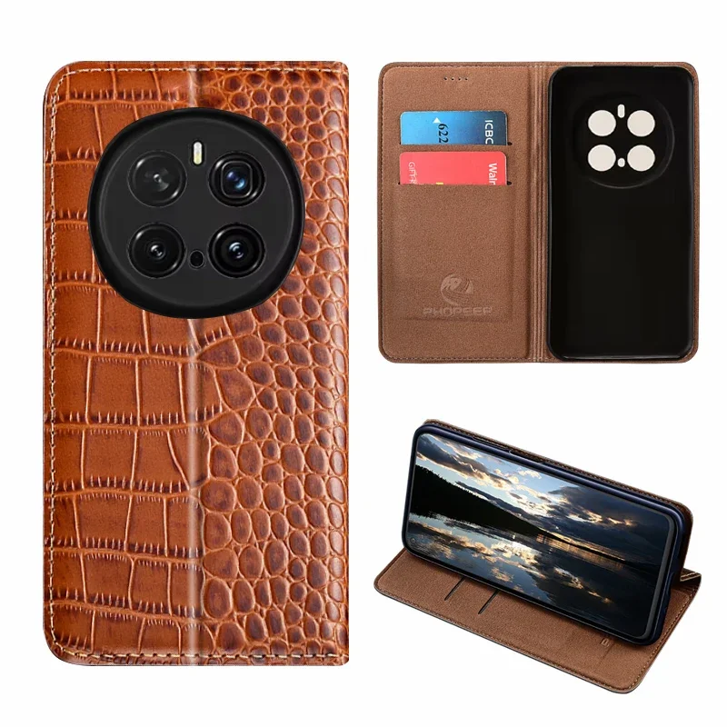 

For HONOR Magic7 Magic 7 Pro Lite 5G Flip Case Crocodile Pattern Magnetic Cover Cowhide Genuine Leather Card Pocket Wallet Cover