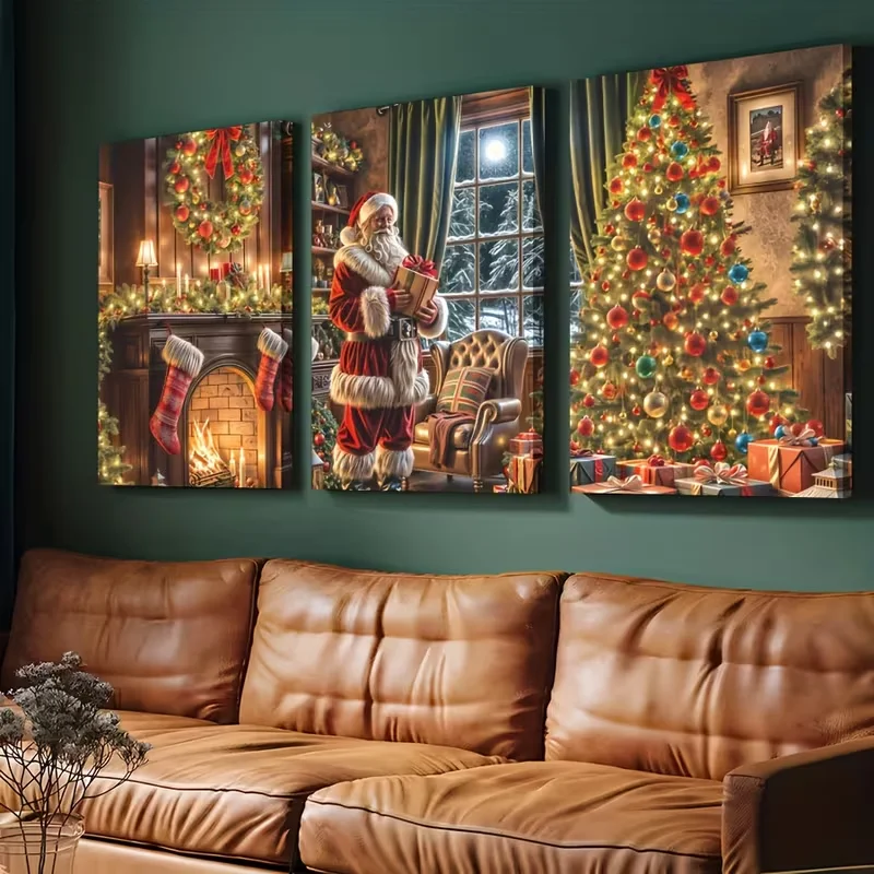 Triptych Diamond Art Mosaic Christmas Eve Fireplace,Santa Claus Diamond Painting 3Pcs Rhinestones DIY Embroidery Cross Stitch