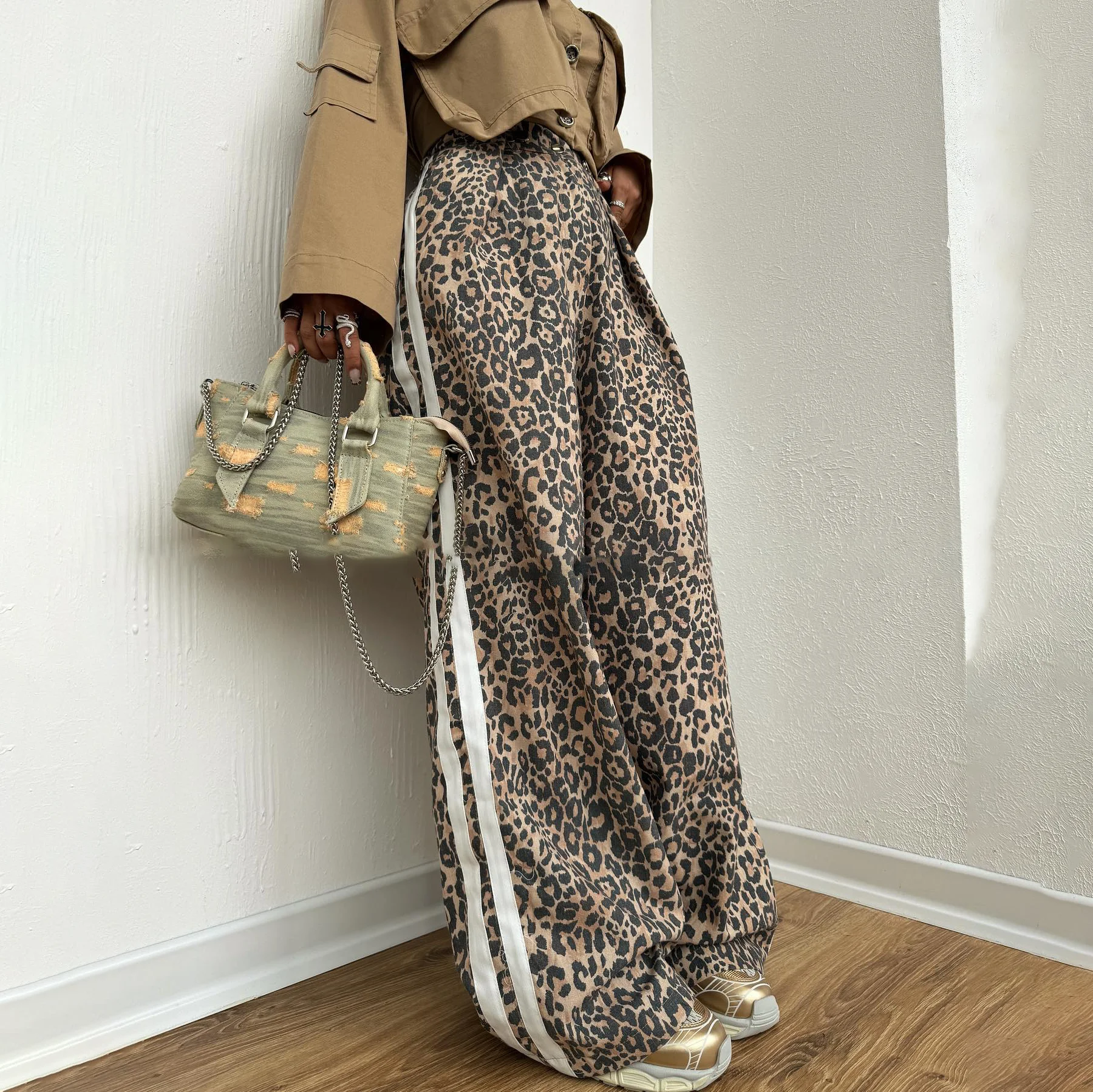 2024 New High Street Vintage Leopard Print Street Pants Woman Baggy Trousers Stripe Wide Leg Pants Oversized Casual Long Pants