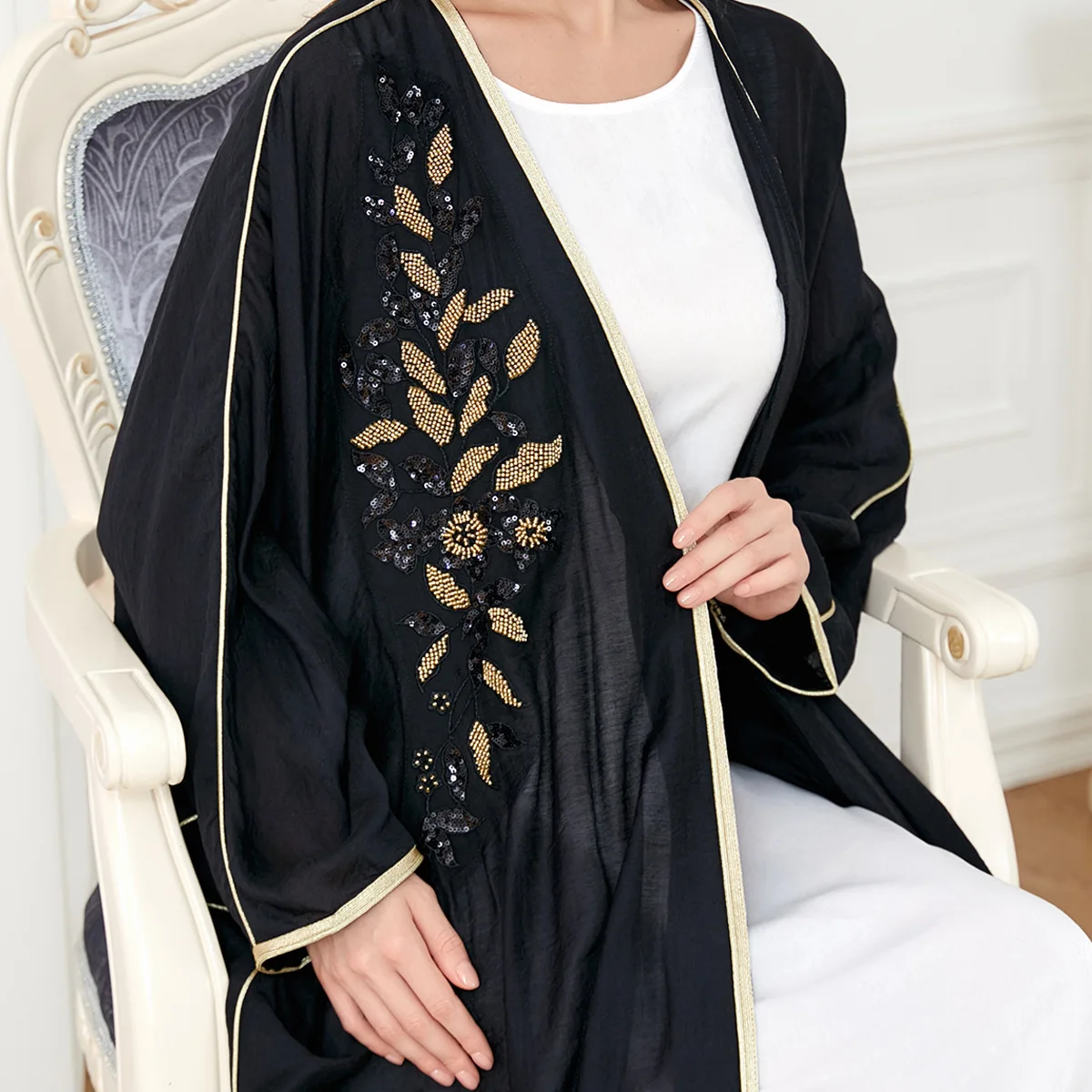 Imagem -03 - Femme Kimono Abaya Ramadan Bordado Preto Muçulmano Vestido para Mulher Islâmico Eid Jalabiya Marocain Vestido Turquia Marroquino Kaftan