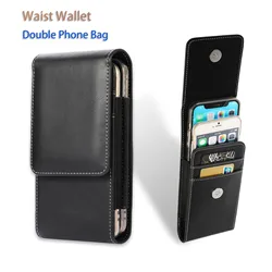 Leather Dual 2 Pouch Two Mobile Phone Belt Clip Case Holder For iPhone 16 15 13 Samsung Xiaomi Redmi Man Tool Waist Bag Holster