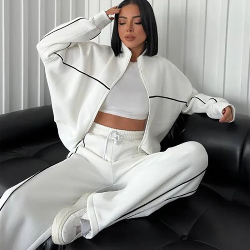 Casual Sports Suits Long Sleeved Half High Collar Cardigan Sweater Lace up Striped Pants Women Clothing Two Piece Set Tracksuit