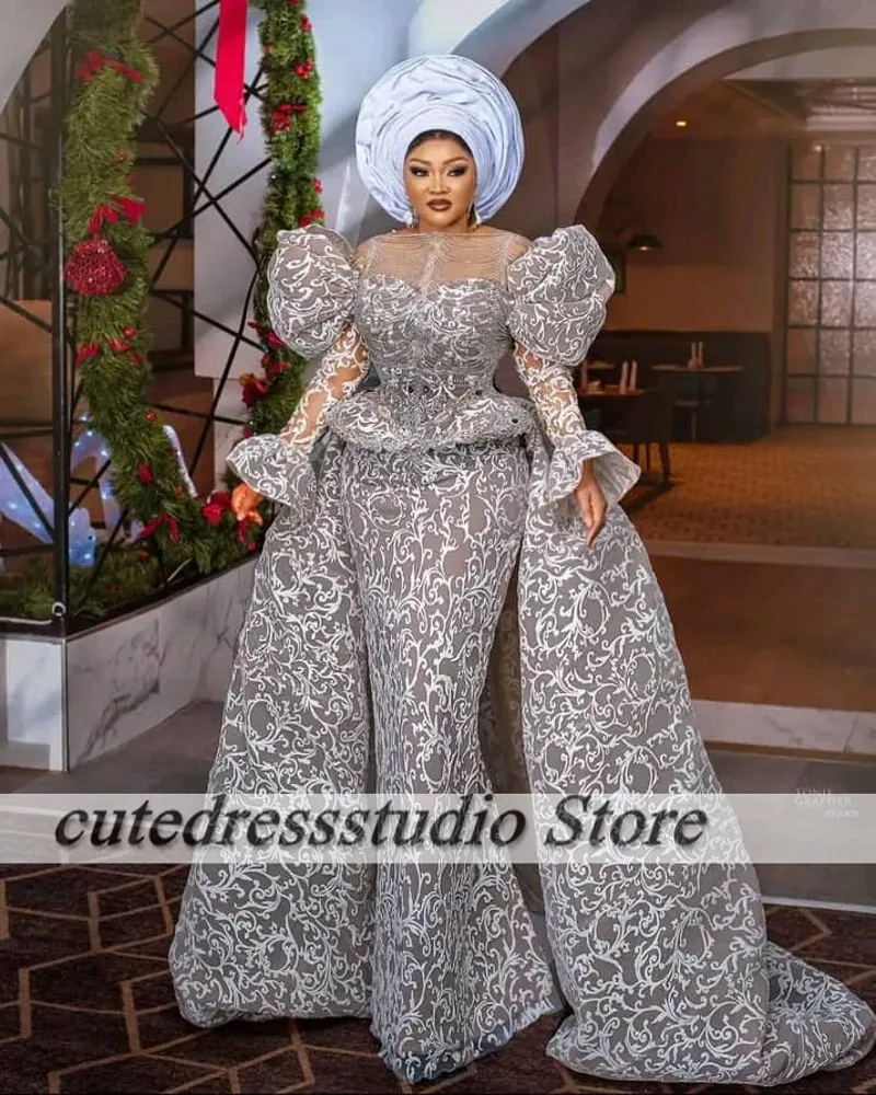 Vintage Aso Ebi Vestidos De Fiesta Elegantes 2024 Lace Evening Gowns Long Sleeves Detachable Train Afrcian Mermaid Party Dress