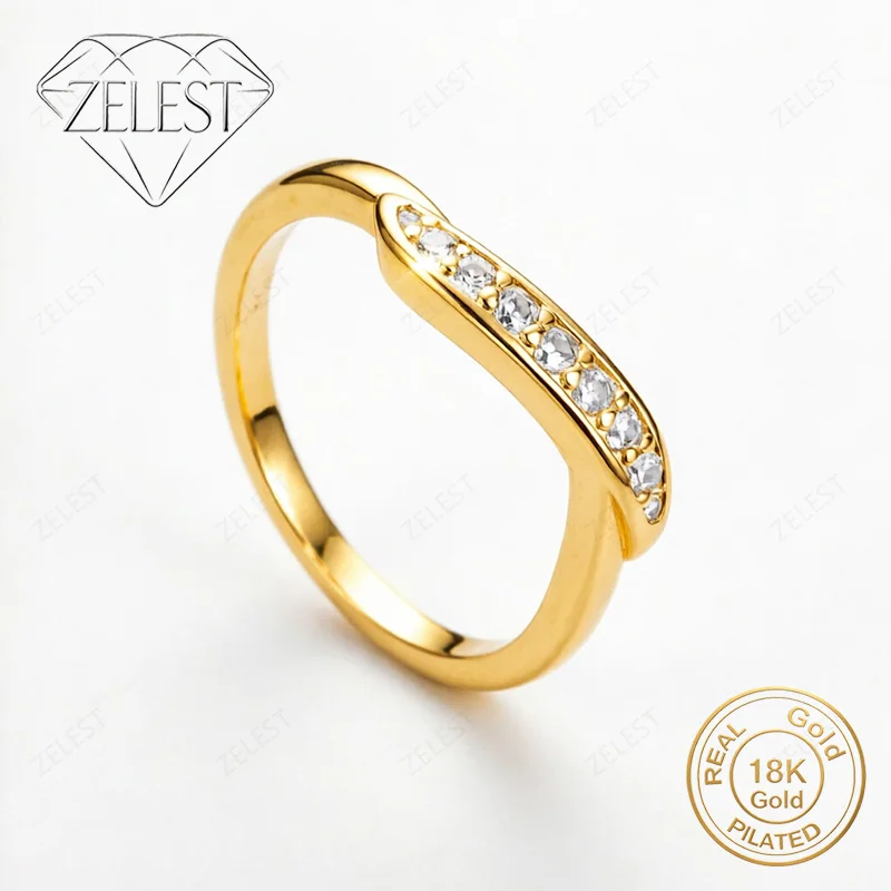 Anillo de Plata de Ley 925 Chapado en Oro de 18K con Circonita de Una Sola Tira - Joyería de Moda para Mujer, Regalo para Fiestas