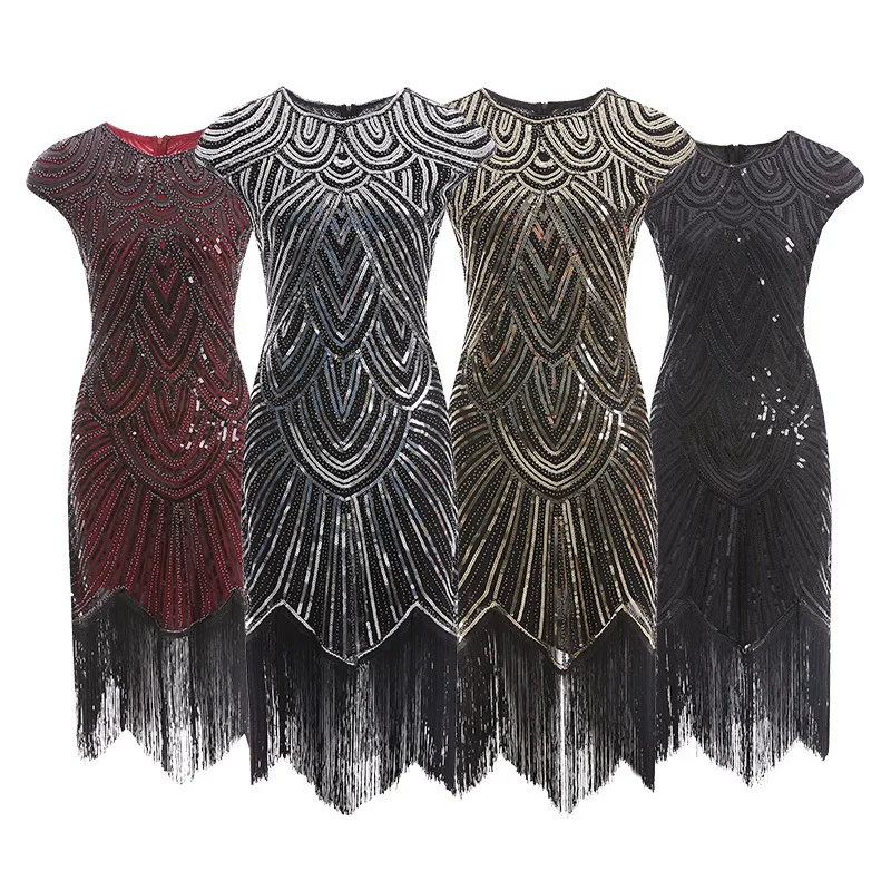 1920s Flapper Dress Great Gatsby O-Neck Cap Sleeve Sequin Fringe Party Midi Vestido Summer Women Dress Halloween 4XL Plus Size