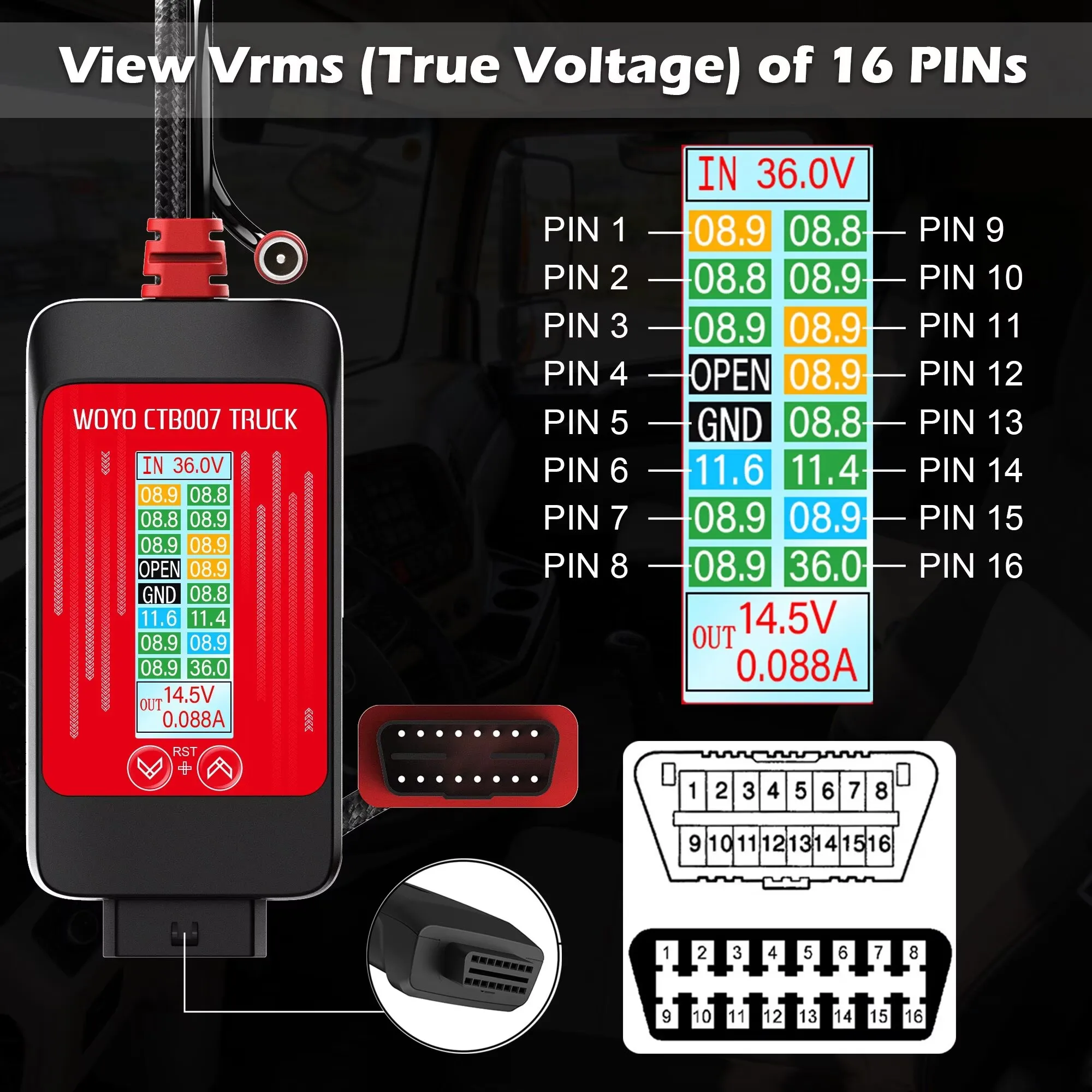 

WOYO CTB007 TRUCK Regulated Output Voltage Converter 24V to 24V/12V-14.5V OBD2 Tester LCD Displays Vrms/ Load-Side Current