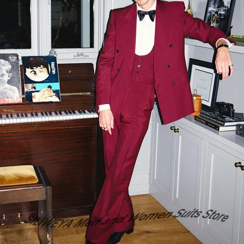 

Винно-красный мужской костюм из трех предметов, двубортный пиджак с остроконечными лацканами + жилет + брюки, винтажный элегантный наряд для ужина на красной ковровой дорожке