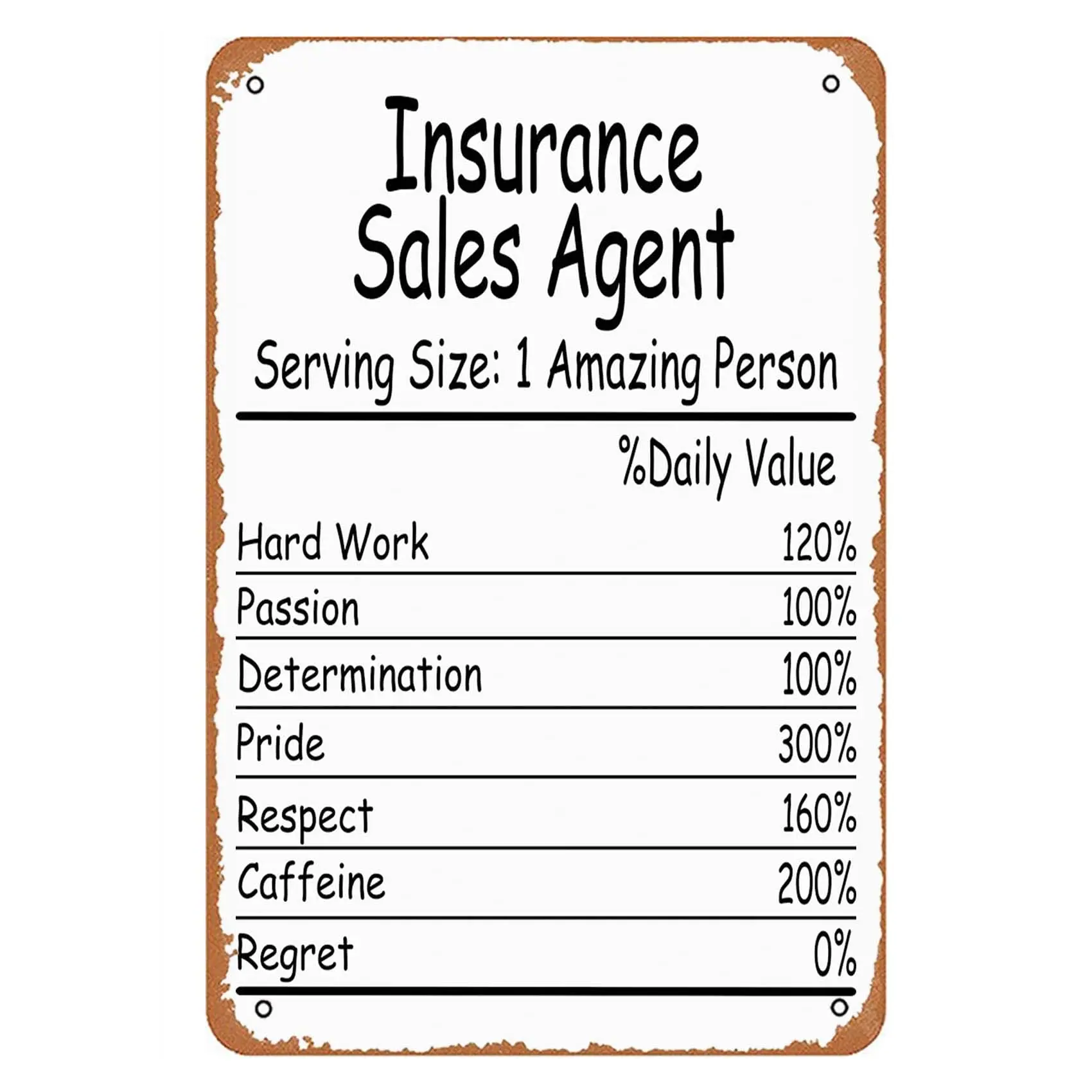 Insurance Sales Agent Amazing Person Daily Value Sign Wall Decor Art Poster Vintage Metal Tin Sign for Funny Garage Man Cave Roo