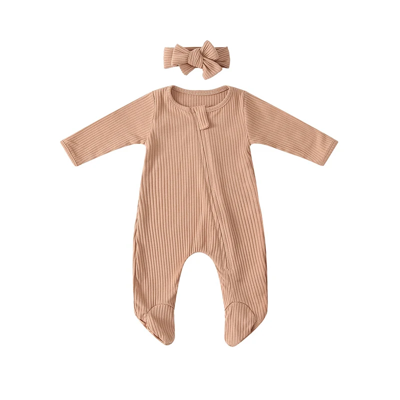 Cute Long Sleeve Baby Rompers Clothes Newborn Cotton Baby Boy Girl Zipper Footies Jumpsuit With Headband Pyjamas