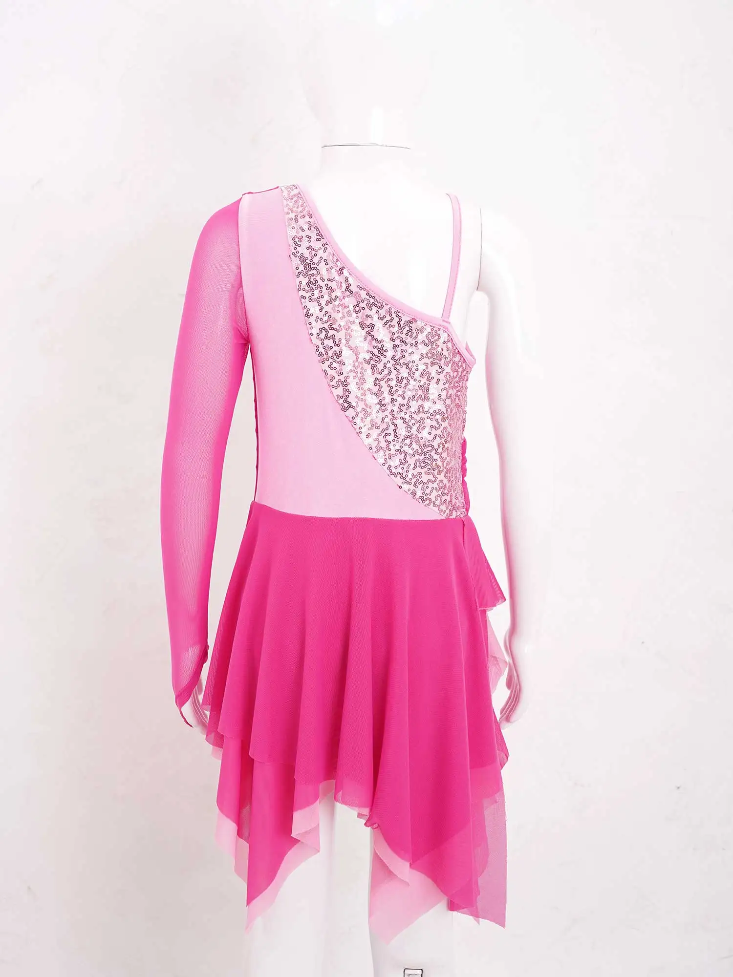 Kids Girls Lyrical Ballet Dance Dress Single Long Sleeve Sequins Mesh Splice Ice Figure Skating Dress Ballroom Stage Costume