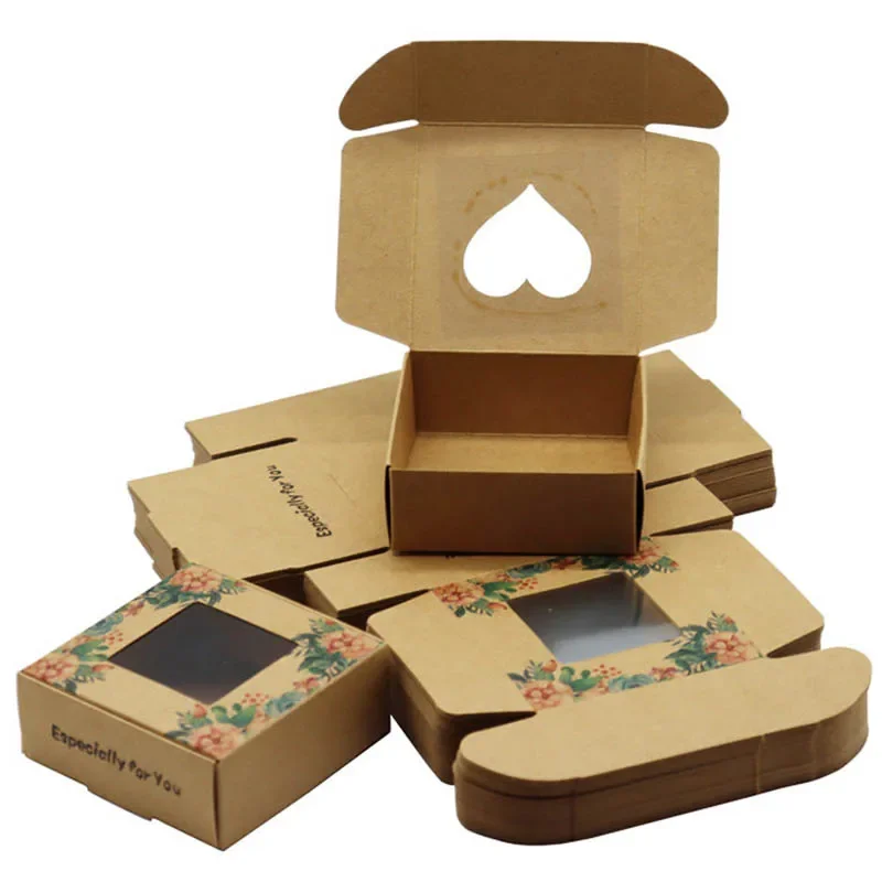 10Pcs Flower Pattern Kraft Paper Box with Window Handmade Soap Gift Boxes For Guest Jewelry Display Box Party Decorations