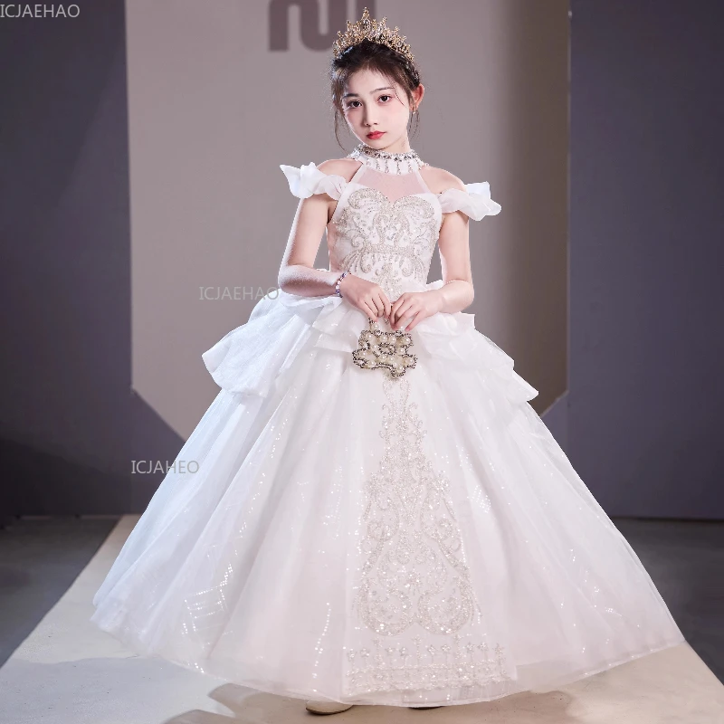 

White Kids Girls Birthday Princess Gown for Host Piano Recital Party Pageant Formal Evening Dresses Flower Girl Wedding Dress