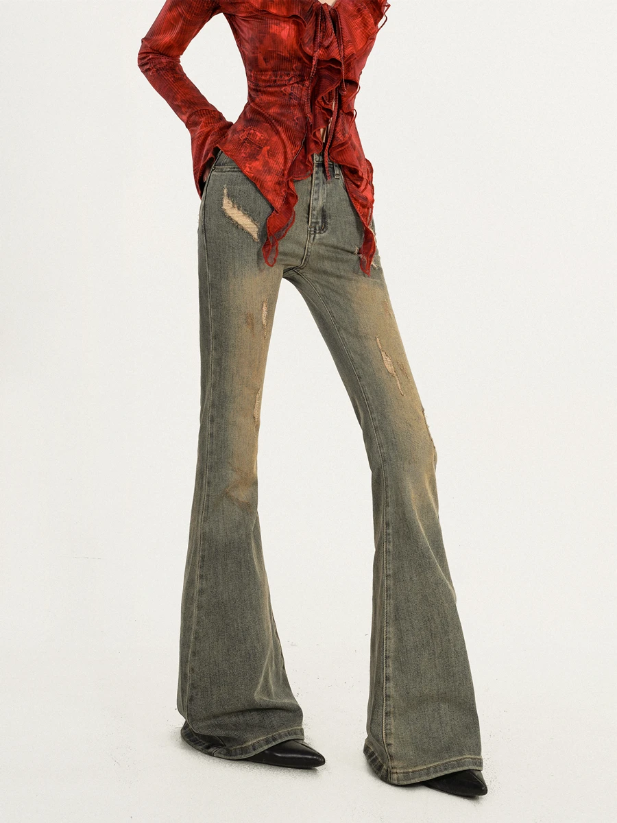 

Nico Molly American Style Spicy Girl Vintage Washed Heavy Duty Slim Fit Jeans High Waist Deep Color for Young Women