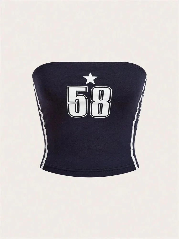 

Women's Letter and Star Print Tube Top Summer Y2k Clothes Off the Shoulder Backless Cropped Top Streetwear