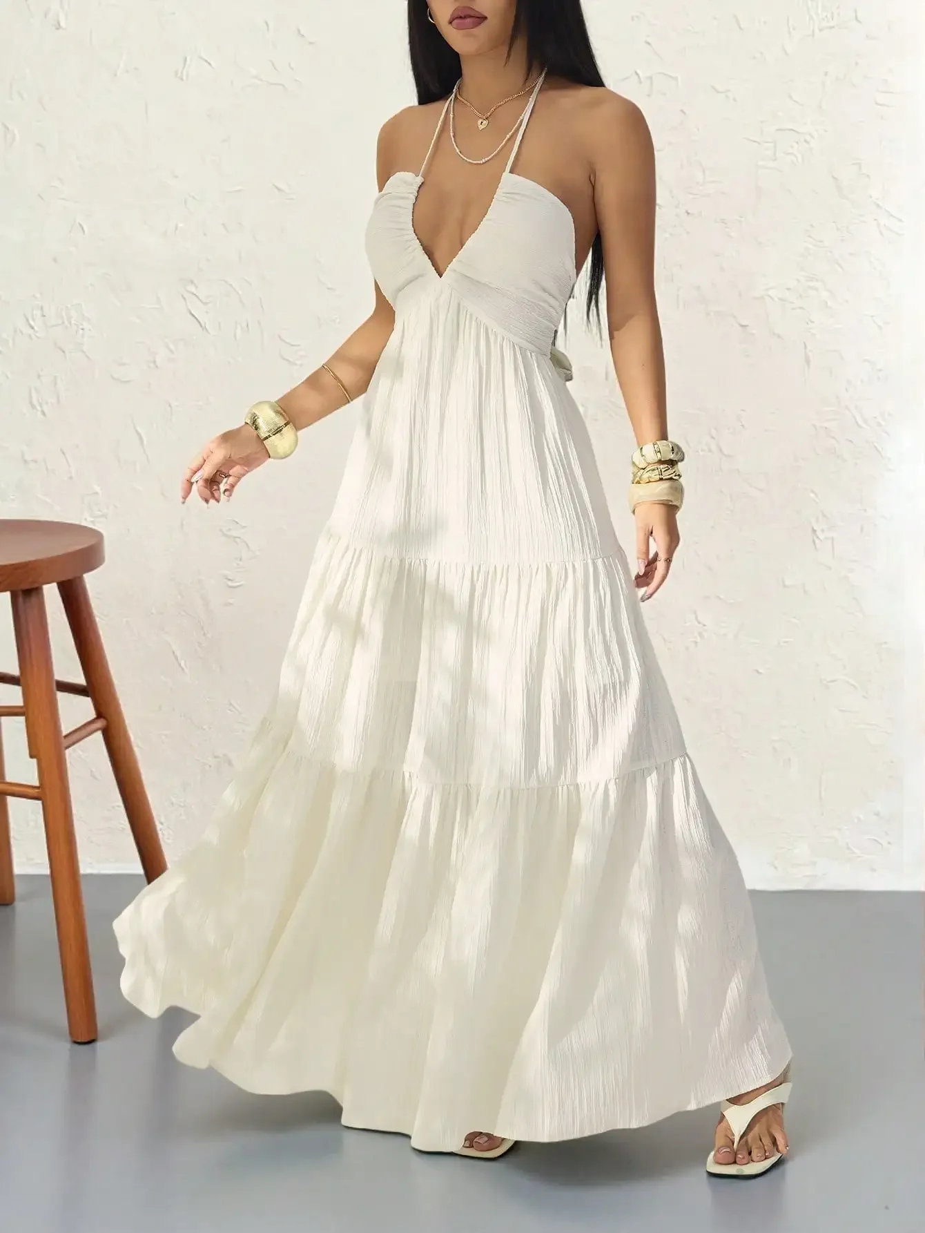 

Women's Romantic Floral Printed Beach Vacation Halter V-Neck Pleated Backless A-Line Dress For Summer Hawaii,Summer Dres