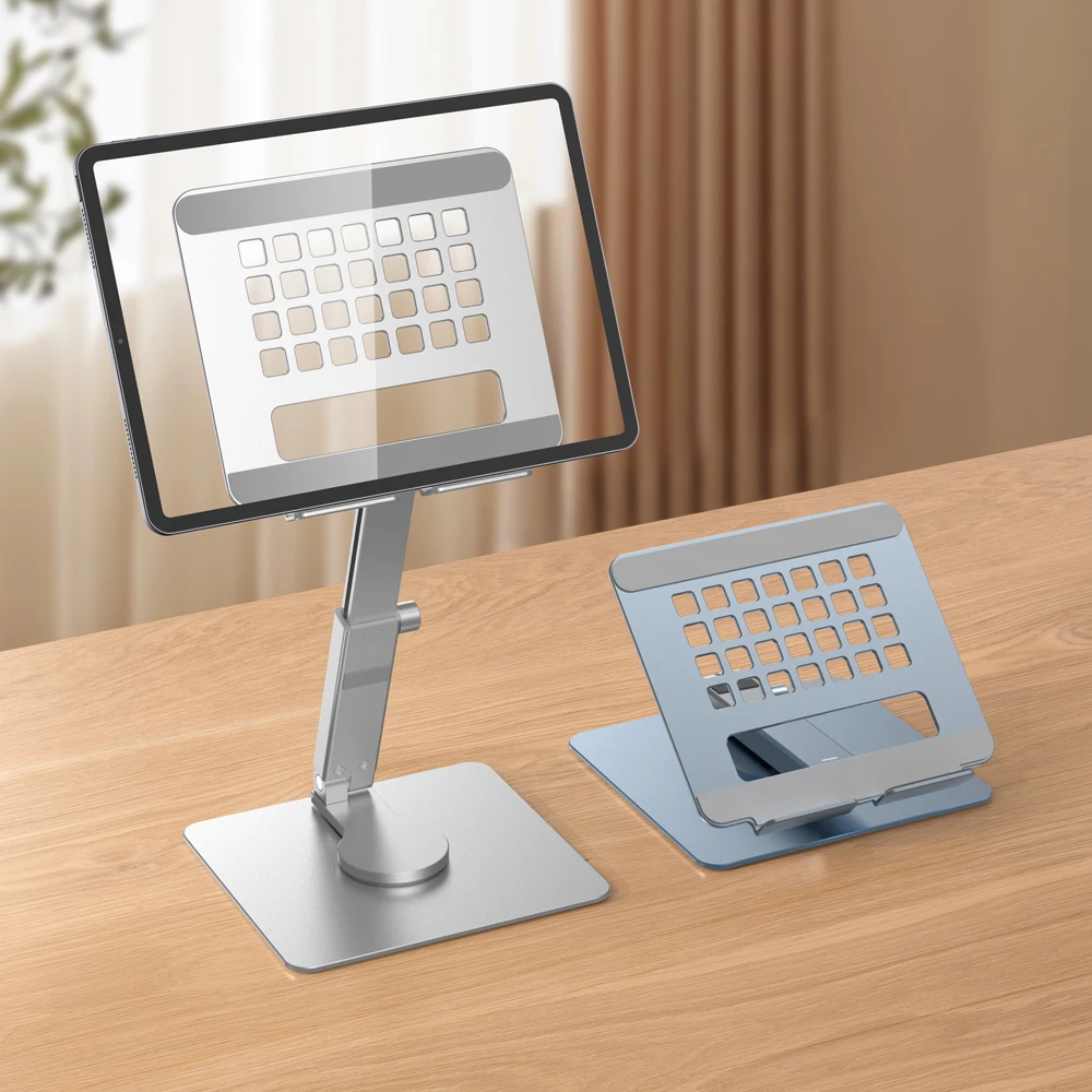 

Aluminum Alloy Tablet Stand Desk Riser 360° Rotation Hands Multi-Angle Height Adjustable Foldable Holder Dock Mount for IPad Tab