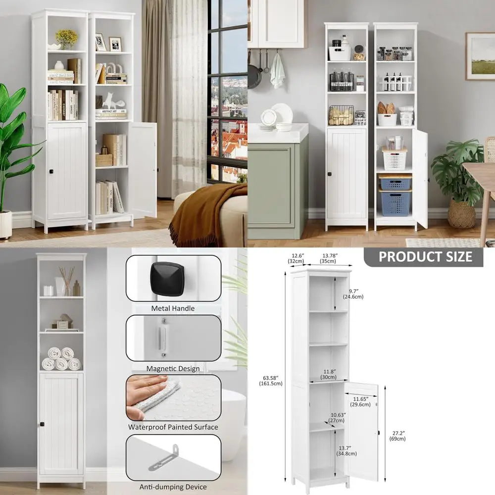 

Space-Saving Tall Bathroom Storage Cabinet with Door & Shelves, 13.8L x 12.6W x 63.4H, Freestanding Narrow Cabinet, Anti-Tip, Su