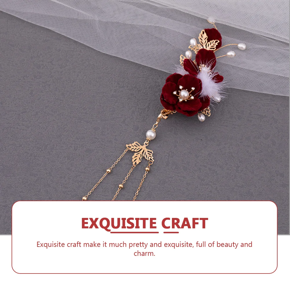 

Flower Hair Barrette Deep Red Dangle Tassel Pretty Charm Women Girls Hanfu Accessory Flower Hair Clip