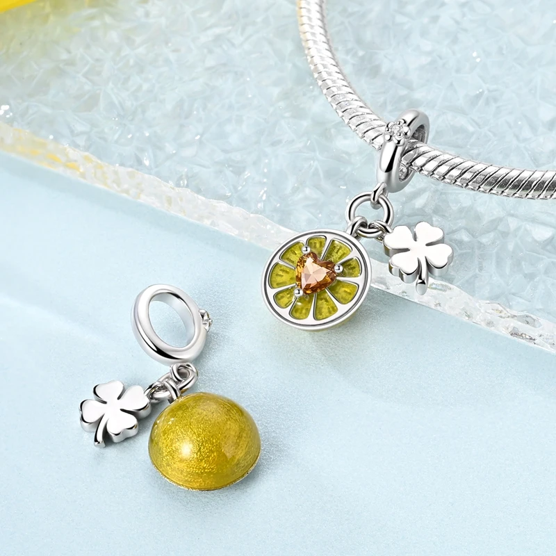925 Sterling Silver Charms Bead CZ Zircon Lemon Clover Dangle Fit Original Bracelet DIY Women Jewelry Gift