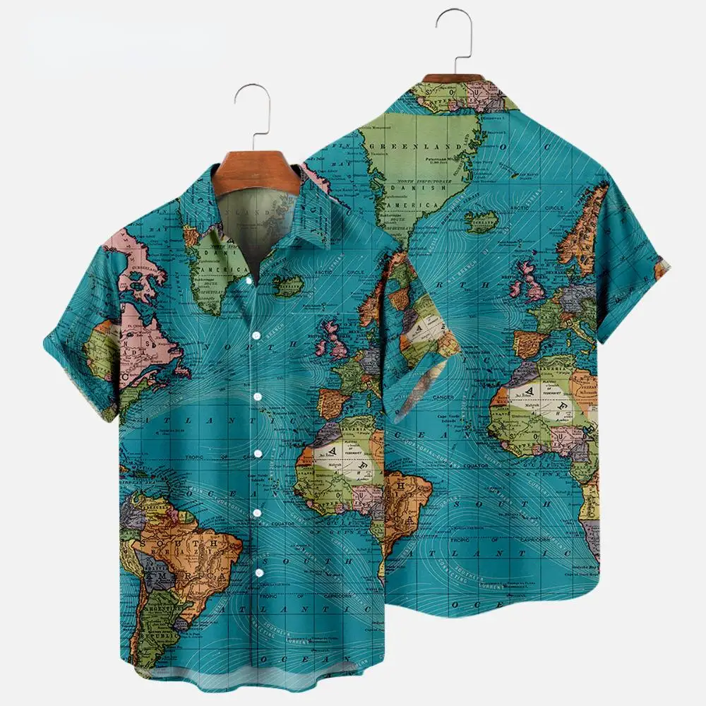 Hawaiian Shirts Map 3d Print Shirt Men\'s Women\'s Shirts Men\'s Casual Vocation Lapel Shirt Summer Beach Camisa Trip Blouse Casual