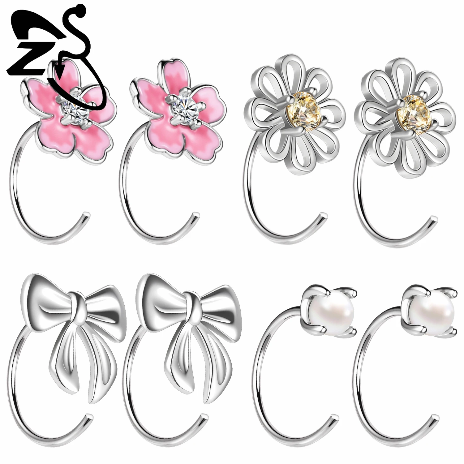 

ZS 1 Pair 20G 925 Sterling Silver Hoop Earrings Women Girls Opal Round Earring Semicircle Pink Flower Ear Lobe Piercings Jewelry