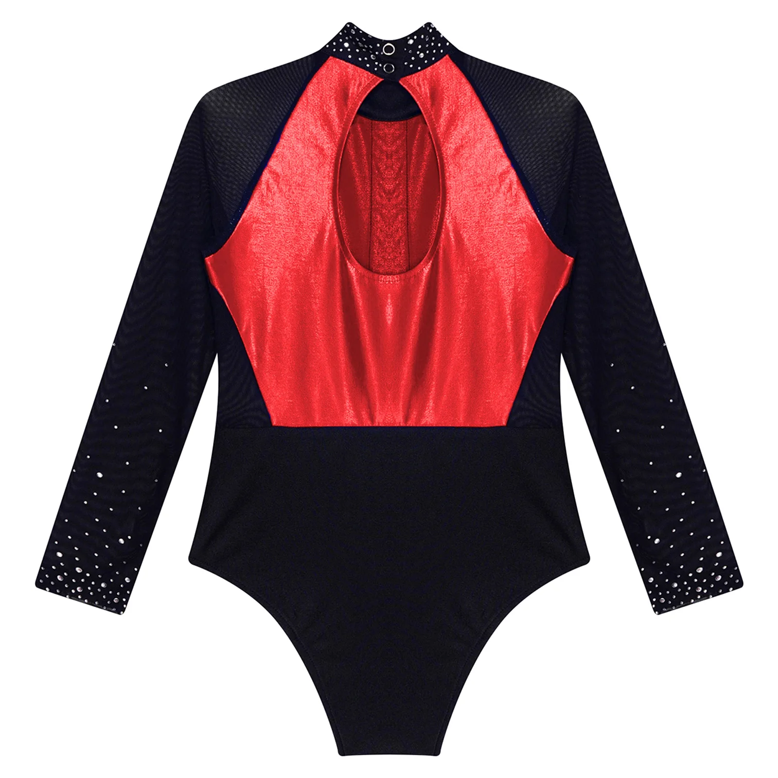 Kids Girls Shiny Rhinestones Rhythmic Gymnastics Figure Skating Costume Ballet Jersey Long Sleeve Unitards Biketards Jumpsuit