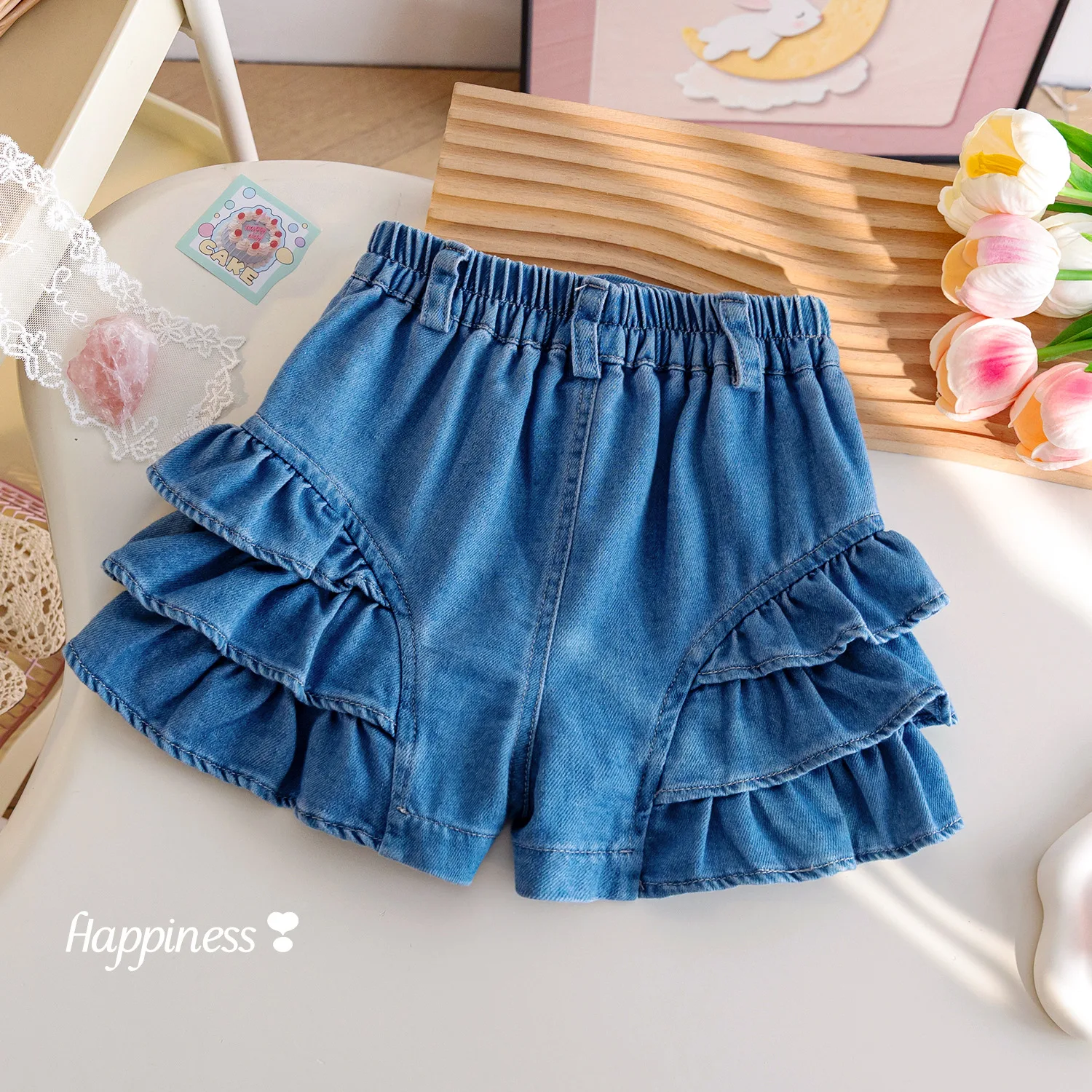 Girls Denim Ruffle Skirt Shorts Kids High Waist Layered Bloomers Casual Embroidered Flower Button Skirt Pants Summer Daily Play