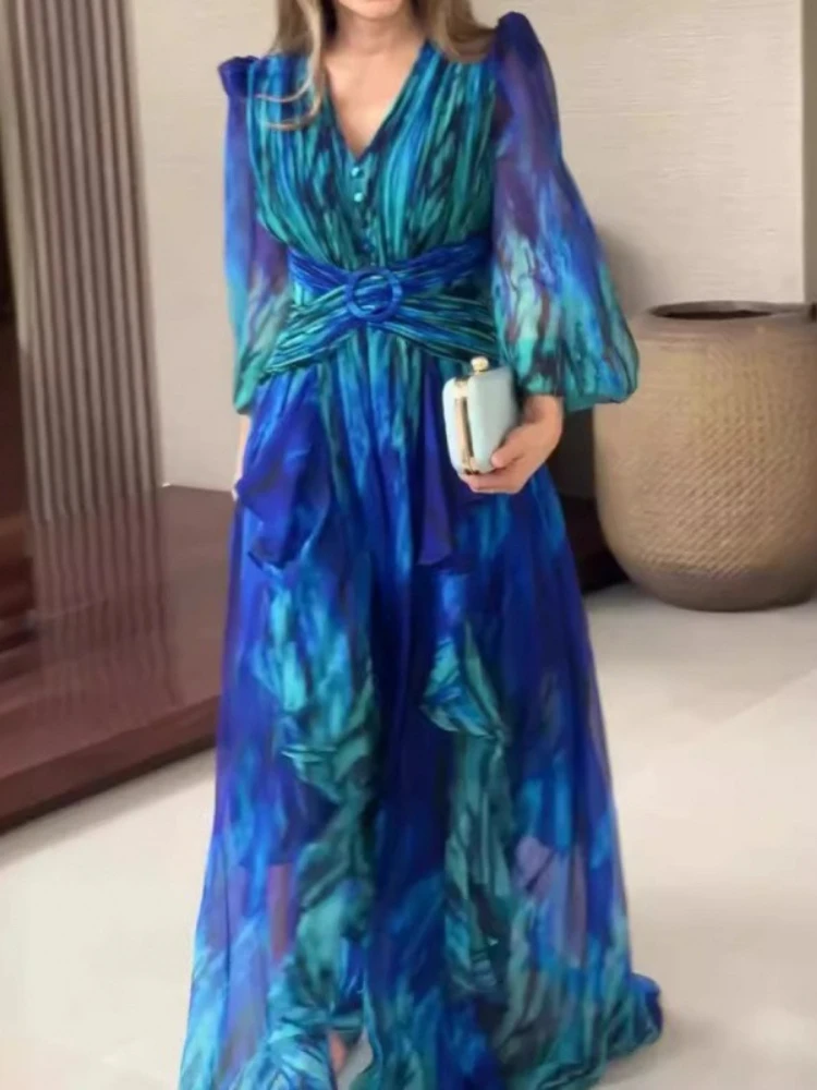 2025 Abito estivo in chiffon con stampa a vita alta con scollo a V a trapezio Abiti stile vintage Abito da sera maxi da ufficio a maniche lunghe per le donne