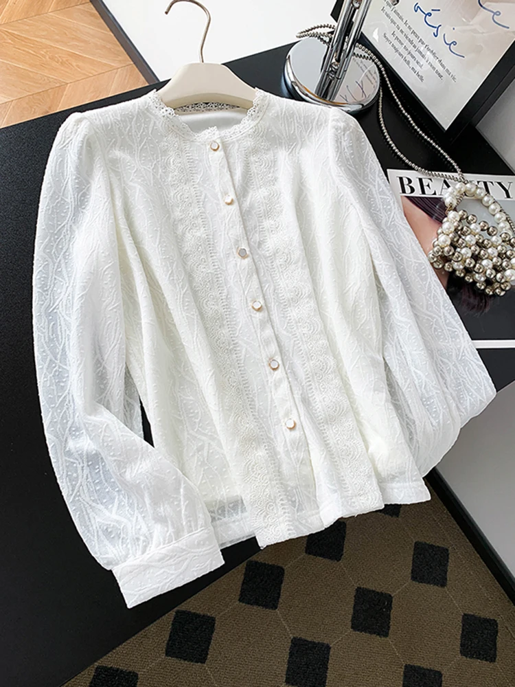 

Retro Lace Embroidery Long Sve Pearl Button Women's irt Spring New Design Slimming Top Cleanfit Sle Ciwalk Casual