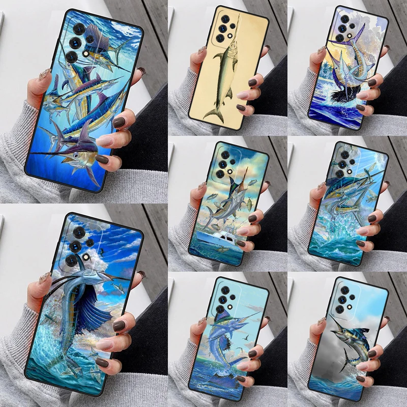 Blue Marlin Painting Phone Case For Samsung Galaxy S23 S21 S20 FE S24 S22 Ultra Note20 S10 S9 S8 Plus A40 A52 A12 A13 A53