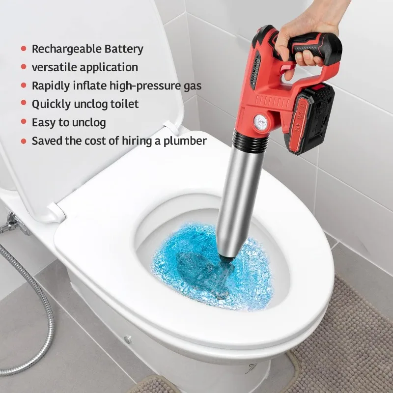 Electric Toilet Plunger with 1 Battery, for Clogged Toilets, Bathroom, Floor Drain, Sewer - Heavy Duty Clog Tool,Red