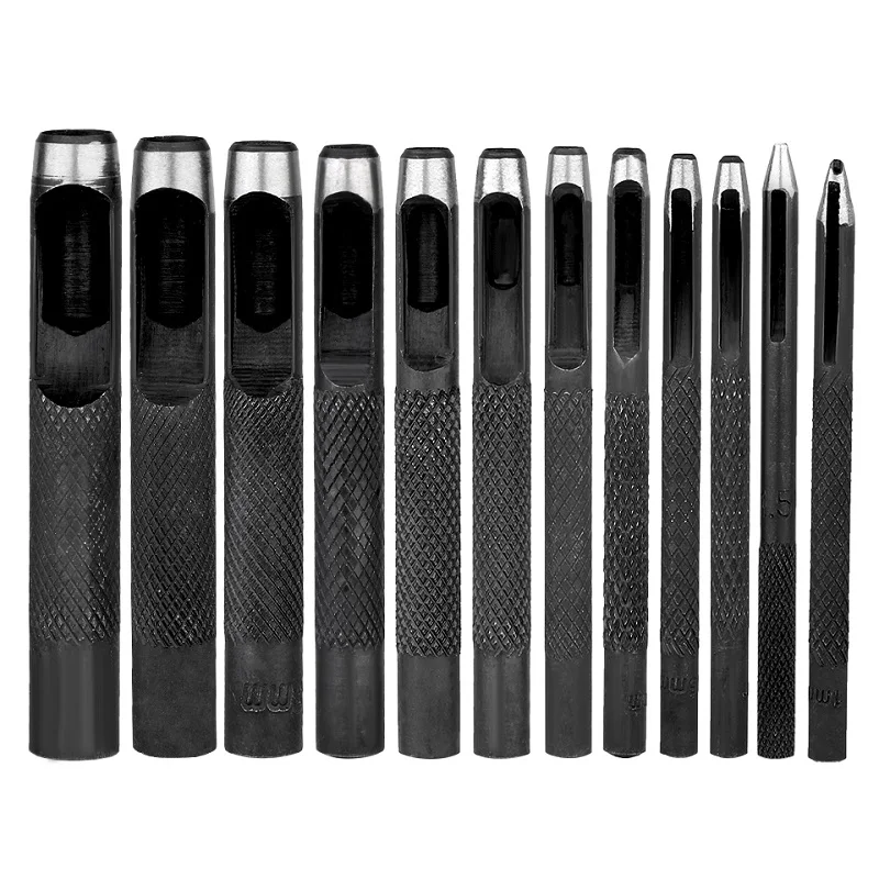 5/6/12Pcs Leather Craft Round Carbon Steel Shank Hollow Hole Punch for Leather Belt Band Gasket Punch Tools