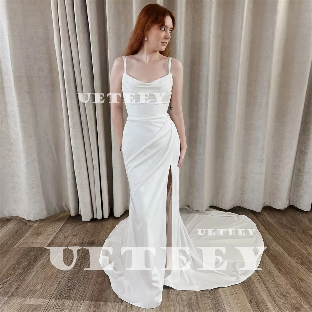 UETEEY Customized Simple Sleeveless Pleats V Neck Crepe Mermaid Wedding Dress High Slit Open Back Floor Court Train Bridal Gown