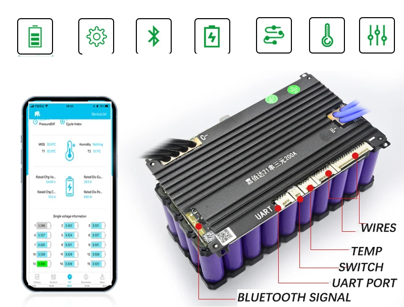 XiaoXiang 7S to 21S 200A 300A Large Current New DIY Lithium Ion  BMS With Android Bluetooth-Compatible APP Software Alloy