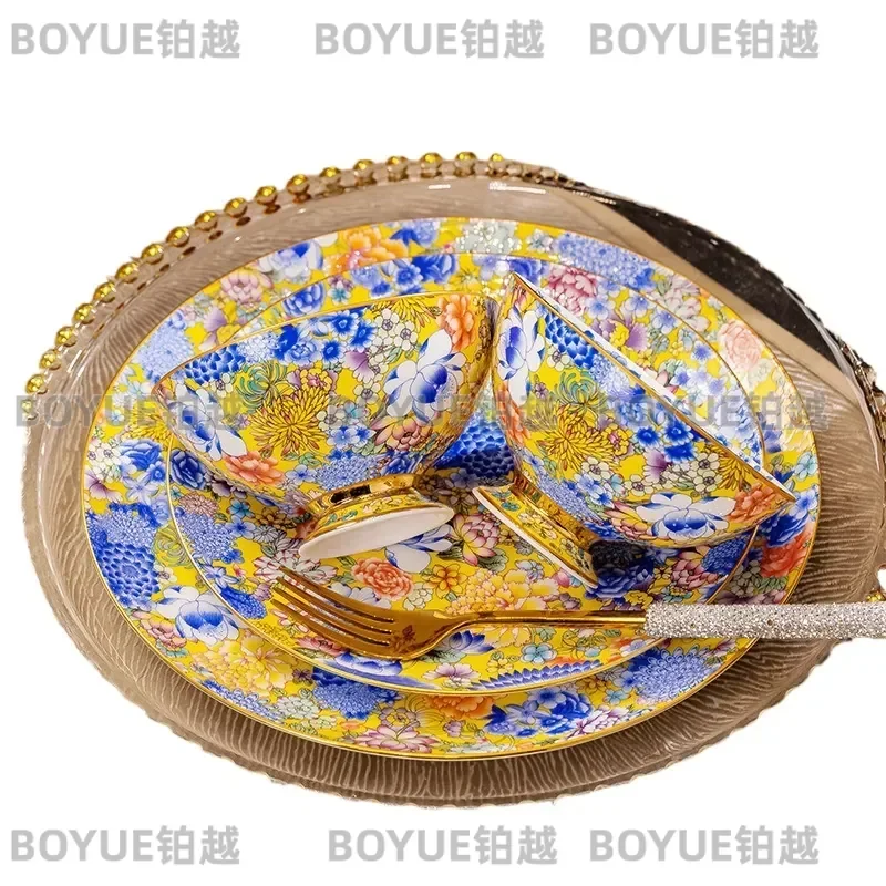 Custom Jingdezhen Bone China Tableware Set Wanhua Pattern Bowls Plates Chopsticks Court Style Dinnerware Gift Box Wholesale