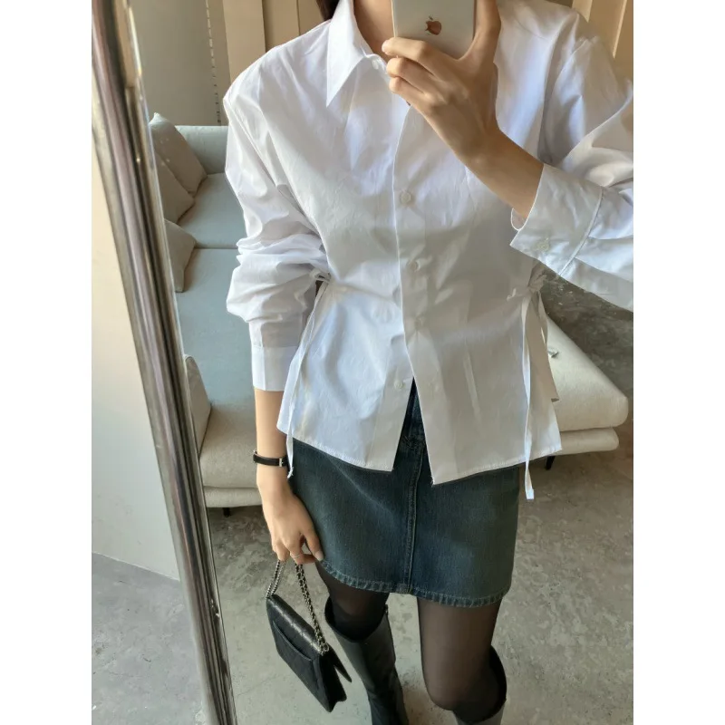 2024 Spring Autumn New Women\'s Blouse Solid Color Polo-Neck Button Fashion All-match Slim Tie Up with Long Sleeve Shirt Tops