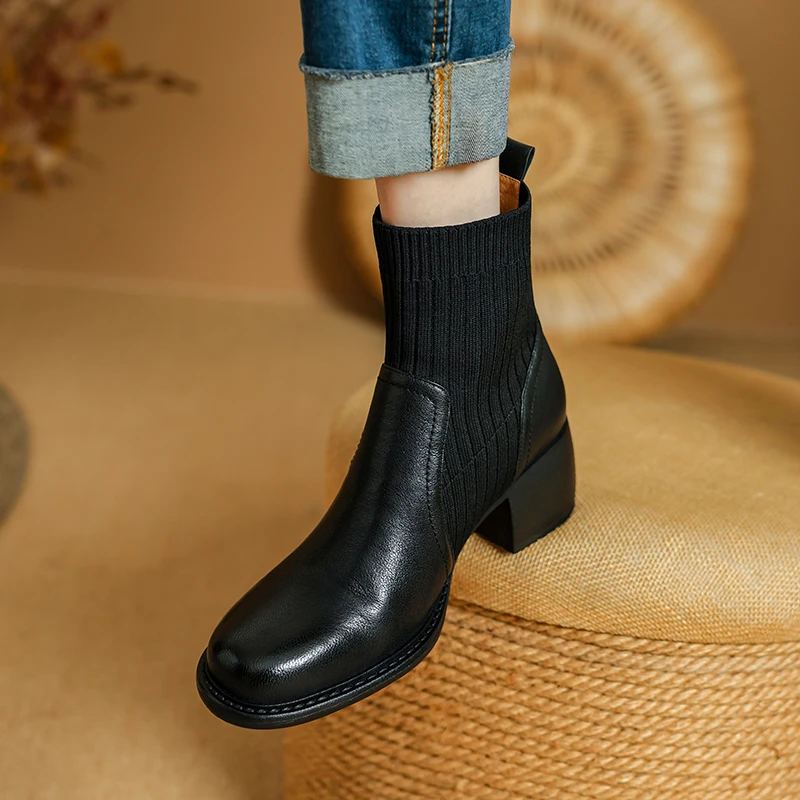 

New Autumn Winter Genuine Leather Women Boots Women Shoes Brogues Vintage Block Stretch Chelsea Boots Retro High Heel Ankl Boots