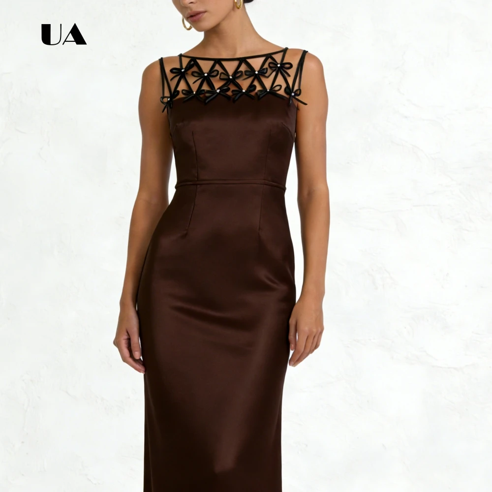 ULBYANRY Abito da ballo dritto in raso con scollo a fiocchi trasparenti, abito da sera con scollo rotondo solido, abito da festa personalizzato senza maniche