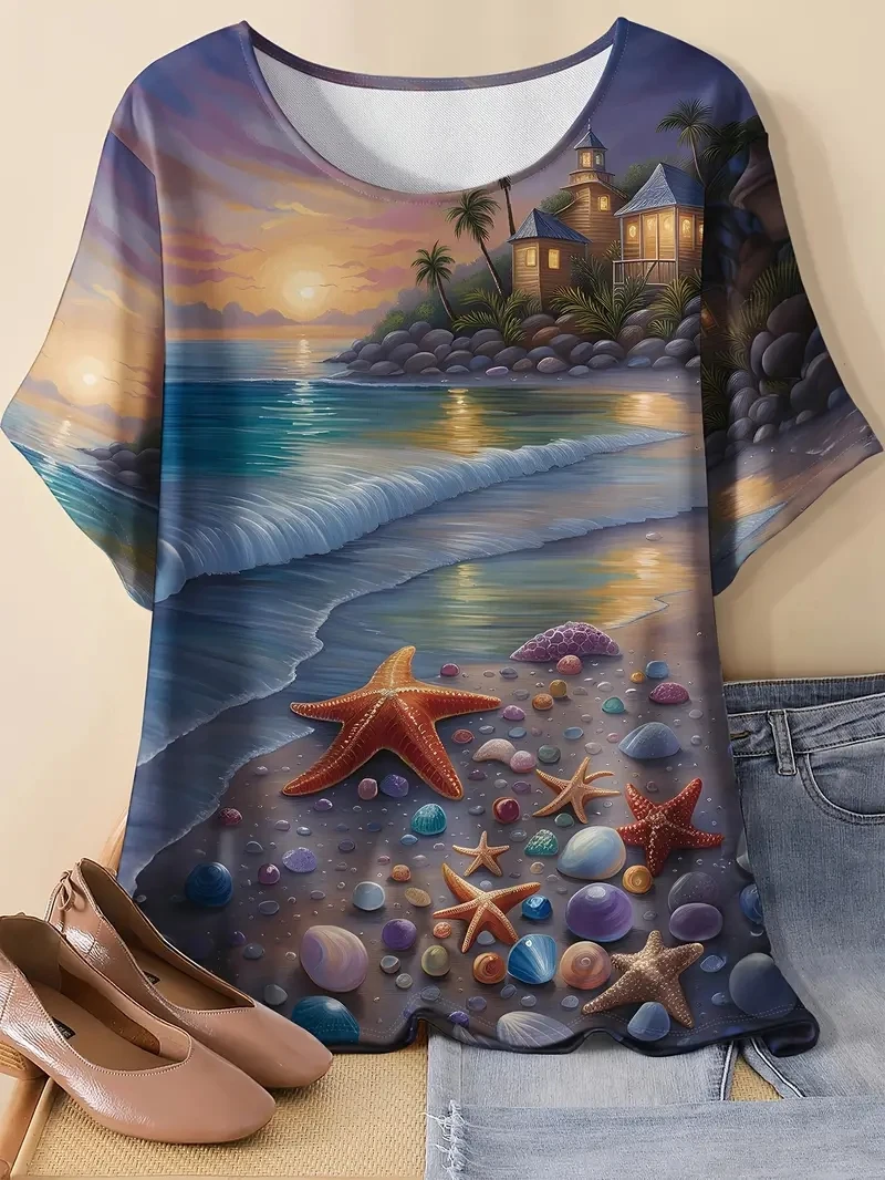 

Женская футболка больших размеров с короткими рукавами и 3D Ocean Beach Pearl с принтом морской звезды, свободная и повседневная, мягкая, удобная и дышащая