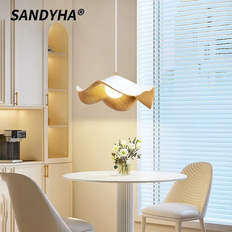 

SANDYHA Nordic Resin Flower Pendant Light Lotus Leaf Original Wood Grain Color Pendant Lamp Bedroom Restaurant Bar LED Lighting