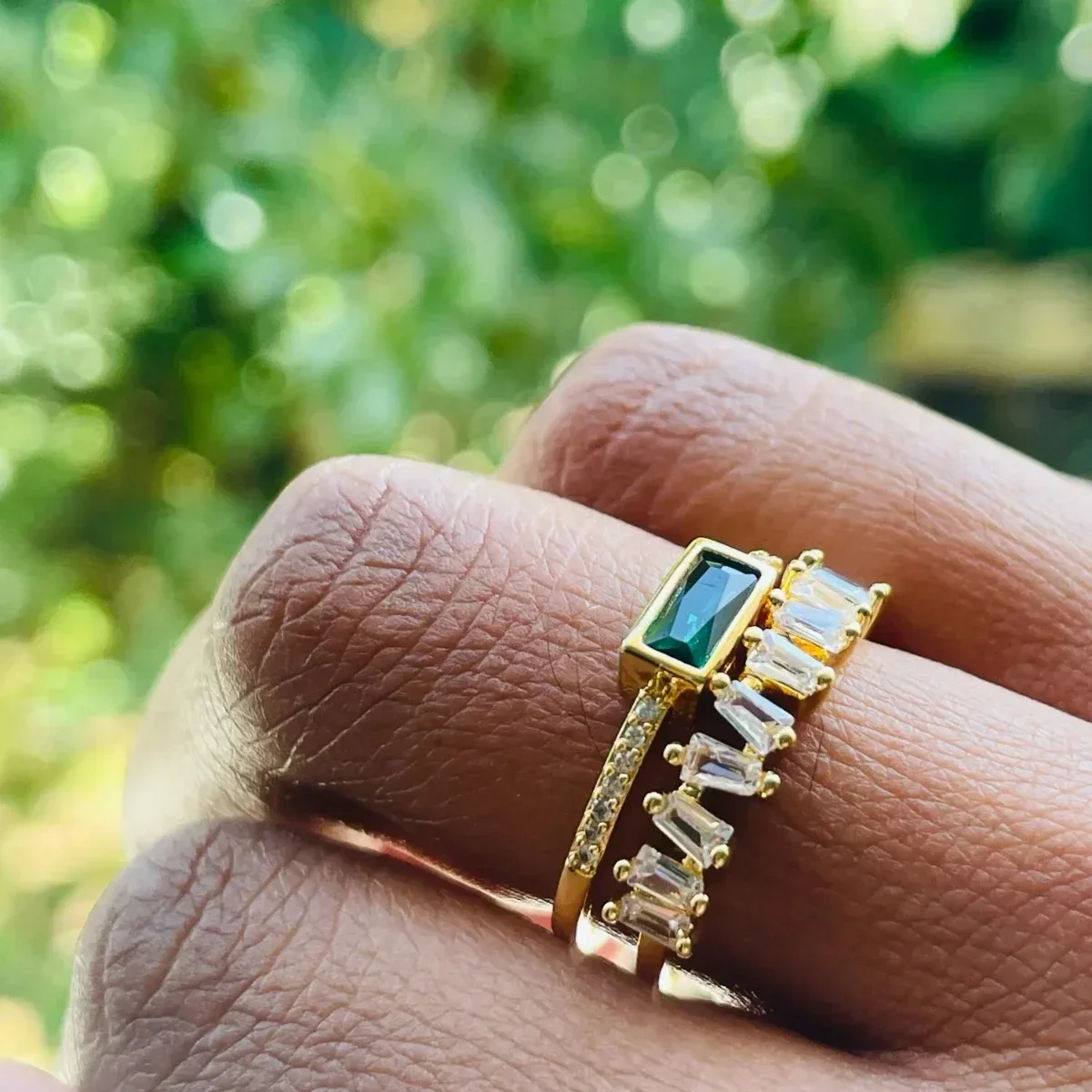 Classic retro light green double-layer zircon ring women's stainless steel gold-plated wedding ring as a gift for mom and lover image 5