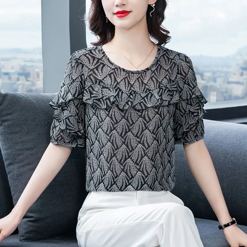 Office Lady Elegant Ruffles Patchwork Shirt Vintage Printed Summer New Short Sleeve Loose Women\'s Clothing O-Neck Chiffon Blouse