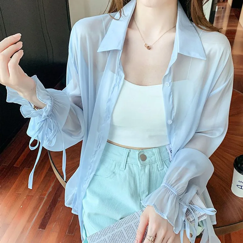 Chiffon Thin Solid Color Cardigan Summer New Long Sleeve Lacing Loose Simplicity Casual Shirt Tops Sweet Fashion Women Clothing