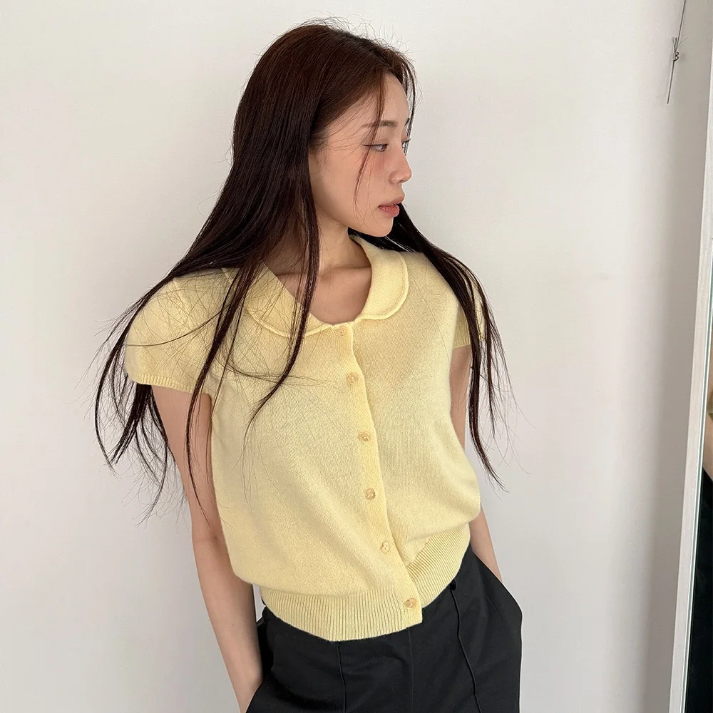Chic Summer Soft Casual Knitwear with Fly Sve Baby Collar Single Button Women's Faionable Versatile Comfortable Top