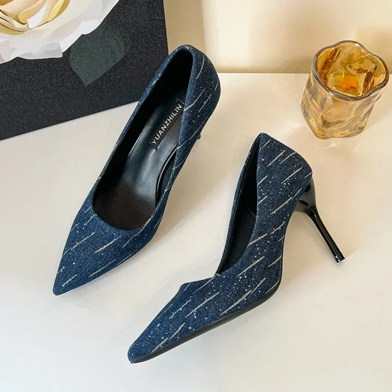 Plus Size Shoes Fashion Women Summer High Heels Wedding Shoes Denim Pointed Stiletto Heel Work Shoes 8cm High Heels