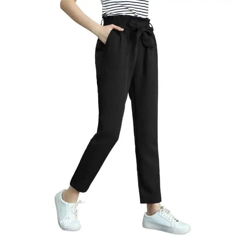 

Office Ladies 2024 Summer casual solid color high waist trousers with sashes Plus size street chiffon harem pants M-7XL pantalon