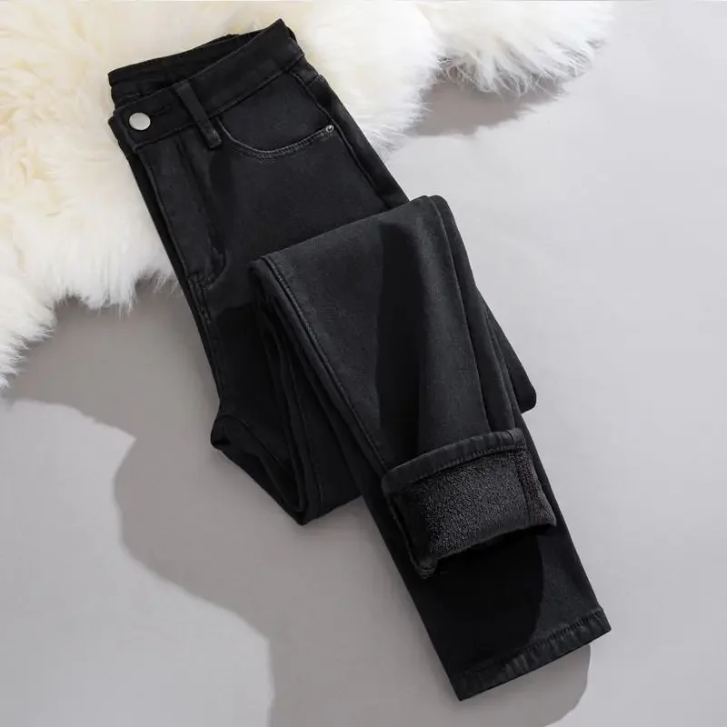 الجينز للمرأة Y2k السراويل شتاء 2025 سميكة الصوف الرجعية الأزرق سليم صالح تمتد مدبب قلم رصاص سراويل جينز موضة عادية