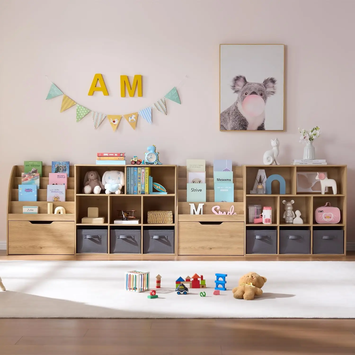 2 Pack Kids Bookcase 58.5 Inch Wooden Storage Organizer Reading Nook Front Facing Book Rack 5 Cubbies Detachable Toy Bins Storag